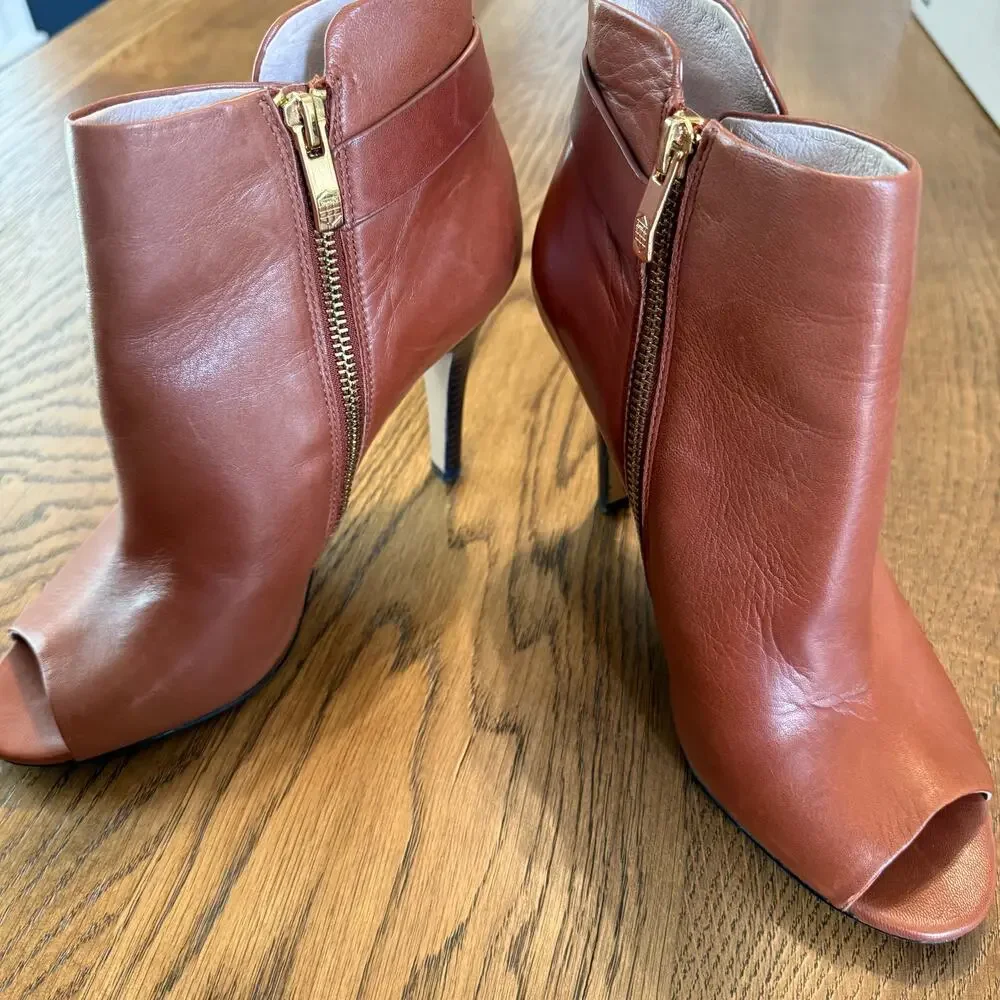 Vince Camuto Kemba Brown Zip Up Open Toe Bootie Stiletto 7.5M 37.5